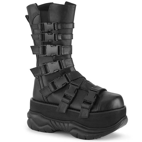 Demonia Women's Neptune-210 Platform Mid Calf Boots - Black Vegan Leather D1503-84US Clearance